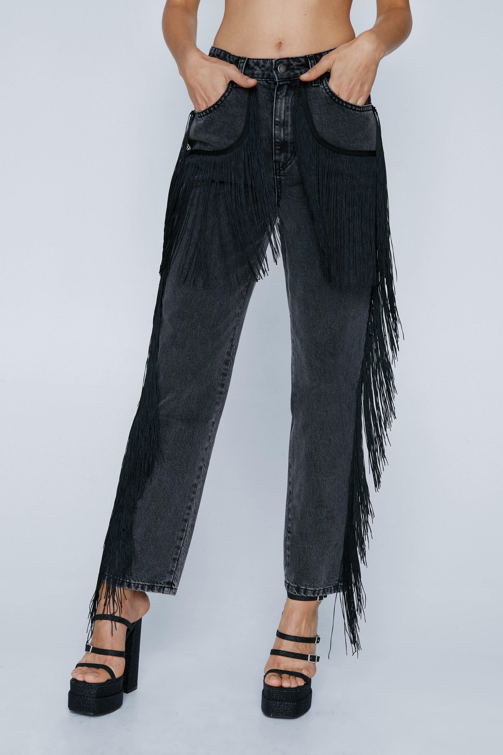 Long hot sale fringe jeans